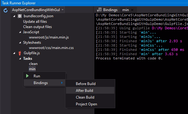 Binding Gulp Tasks with Visual Studio Events